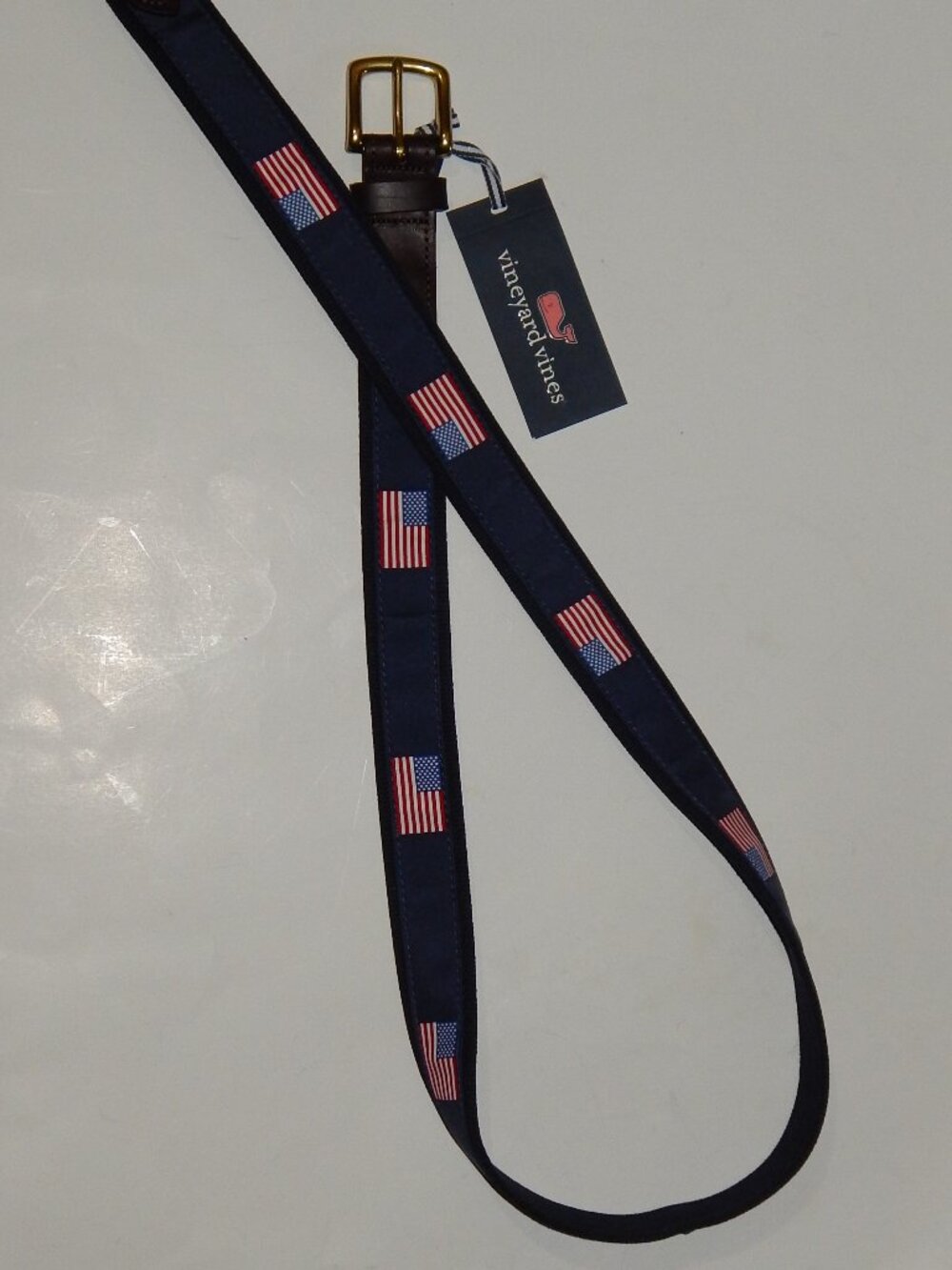NWT Vineyard Vines Men's Club Belt American Flag Navy Blue & Leather Sz 48 50 52